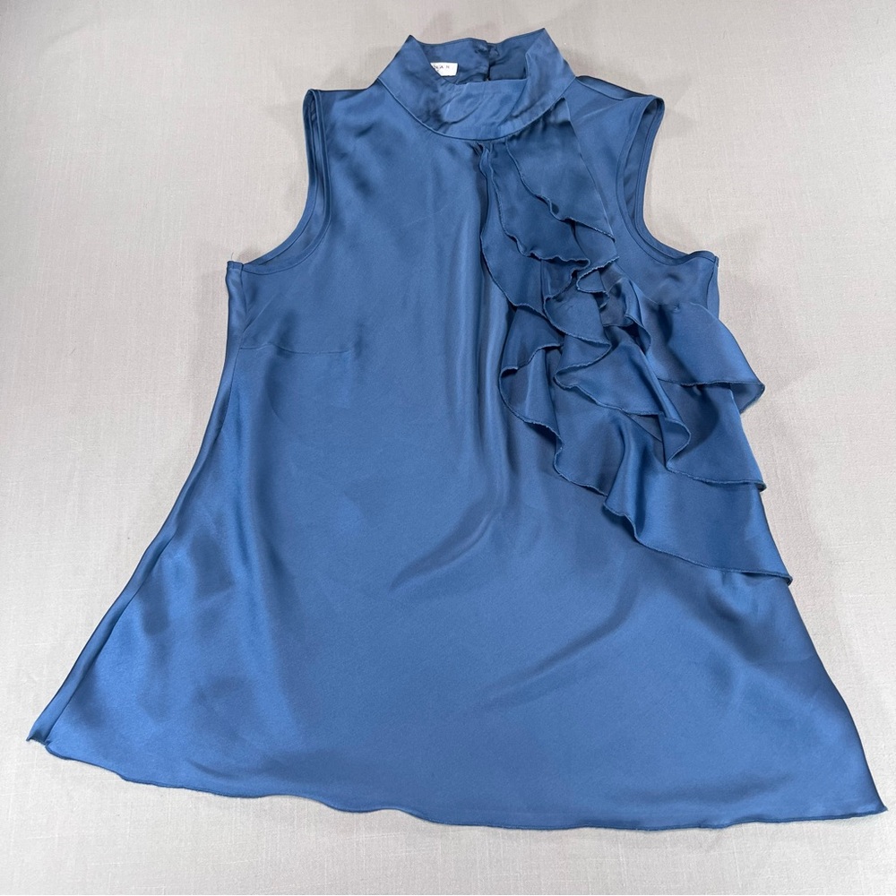 Kenar Women’s M Blue Satin Ruffle Front Sleeveless Top Mock Neck Blouse - Picture 13 of 13